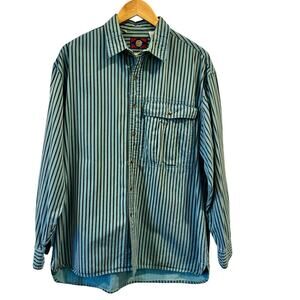 90s Bugle Boy Blue and Black Vertical Striped Long Sleeve Button-Up Shirt, XL